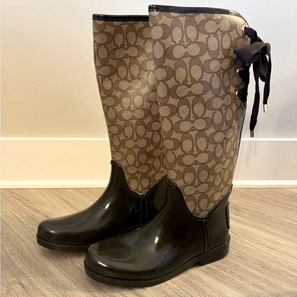 COACH Tristee Rain Boots Brown and Tan - Picture 2 of 6